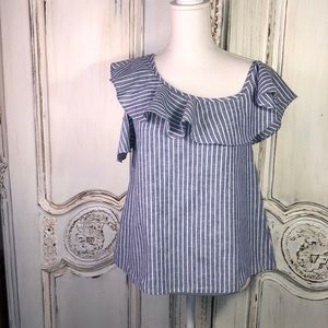 MADEWELL Asymmetrical One Sleeve Ruffle Neck Linen and Cotton Blend Stripe Top